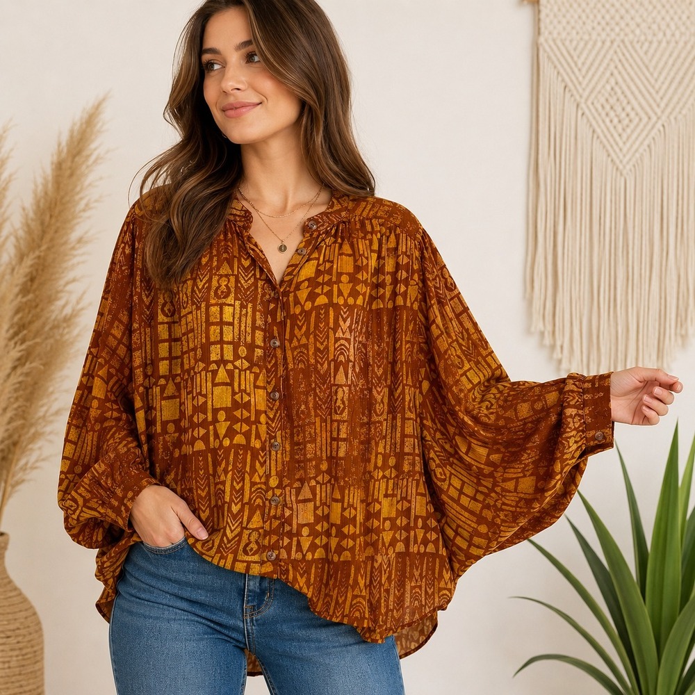 Pilcro The Sidney Batwing Top Sz XSP‎ Rust Mustard Tribal Boho Gauze Peasant